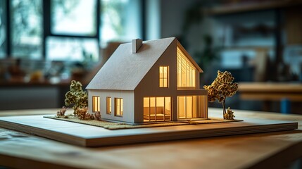 A detailed model of a house with a pitched roof and clean design, placed on a wooden table with soft lighting, symbolizing the concept of a dream home plan