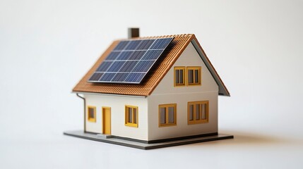 A detailed miniature house model with a sleek solar panel on the roof, set against a white background, symbolizing smart home energy-saving technology 