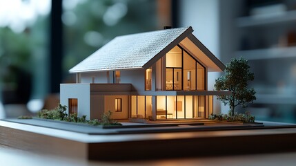 A detailed model of a house with a pitched roof and clean design, placed on a wooden table with soft lighting, symbolizing the concept of a dream home plan 
