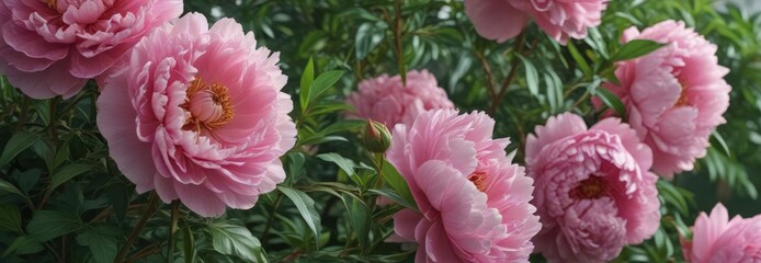 Luscious pink peonies, lush green foliage  Close-up view ,  soft,  bloom,  texture