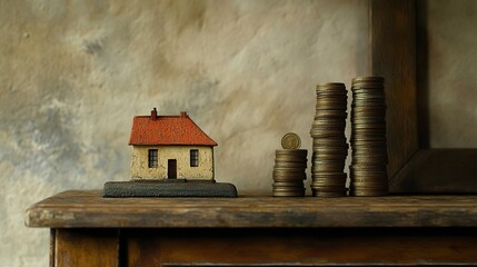A detailed scale with a miniature house on one side and a column of coins on the other, illustrating the delicate balance of investment and property value, set in a minimalist scene 