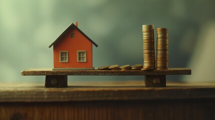 A detailed scale with a miniature house on one side and a column of coins on the other, illustrating the delicate balance of investment and property value, set in a minimalist scene 