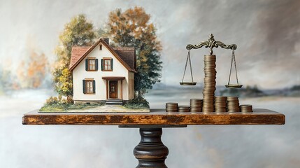 A detailed scale with a miniature house on one side and a column of coins on the other, illustrating the delicate balance of investment and property value, set in a minimalist scene 