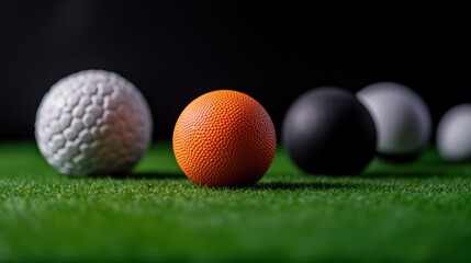 Obraz premium Top-down view of various sports balls on turf with dramatic lighting and black background