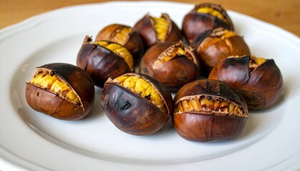 Roasted Chestnuts on a White Plate Autumnal Food Delicious Sweet Treat