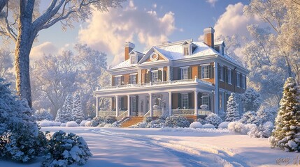 A grand colonial house with snow-covered side porches, surrounded by snowy trees and a frosty yard, showcasing the beauty of classic architecture in a winter setting 