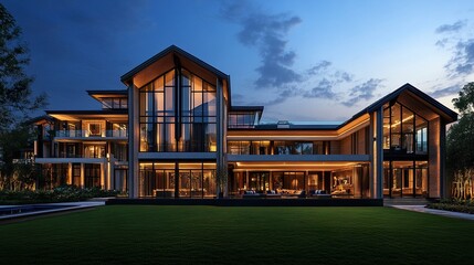 A grand luxury house with expansive windows and a unique design, its exterior glowing warmly at dusk, framed by a sprawling green lawn that enhances its appeal 