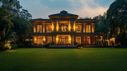A grand luxury house with expansive windows and a unique design, its exterior glowing warmly at dusk, framed by a sprawling green lawn that enhances its appeal 
