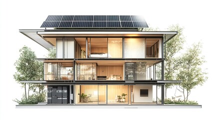 A graphical cross-section of a home equipped with solar panels, an inverter, and solar-powered lights, visually demonstrating sustainable energy use, set against a white background 
