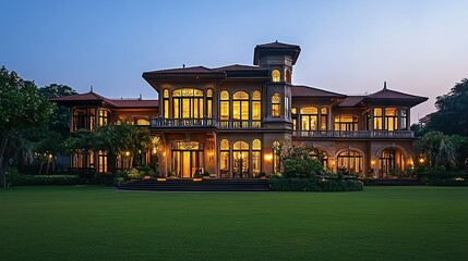 A grand luxury house with expansive windows and a unique design, its exterior glowing warmly at dusk, framed by a sprawling green lawn that enhances its appeal 