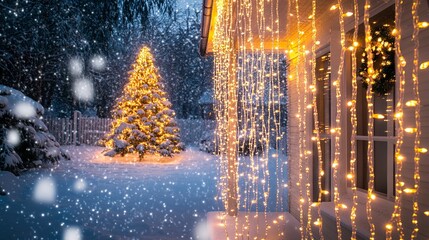 A house adorned with cascading icicle lights and a lit Christmas tree visible through the window, with snow falling gently, creating a picture-perfect holiday scene 