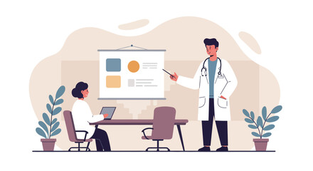 Doctor explaining medical presentation to seated patient in office with plants and laptop vector illustration 