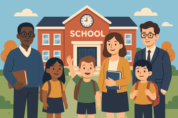 Teachers and Students Together Smiling in Front of a School  