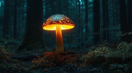 Fototapeta premium Glowing mushroom in dark enchanting forest night scene cap art tree teal stem woods light fungi plant