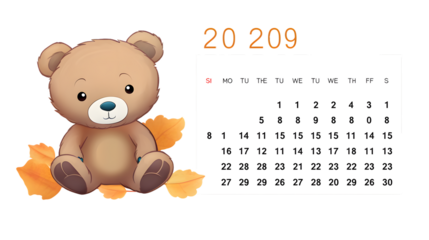 2020 Yearly Calendar Page for November 2 with Cute Teddy Bear - Organizational and Decorative Print