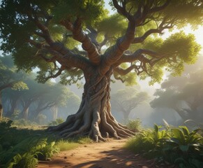 Ancient tree, lush exotic vines, vibrant leaves,  close-up,  ancient,  vines