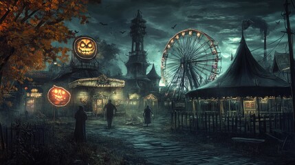 Haunted carnival scene at night, dark and spooky.