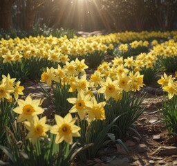 Dense cluster of daffodils basking in sunlight, daffodil,  nature,  rural