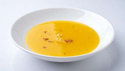 Creamy Yellow Soup in a White Bowl Garnish with Spices Delicious and appetizing food