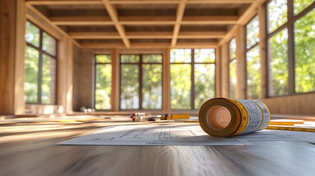 A modern construction project for a room addition featuring freshly installed wooden beams, with blueprints and a tape measure prominently displayed, showcasing planning and execution 