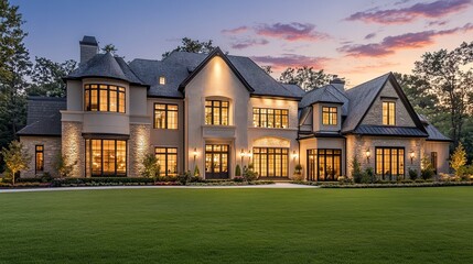 A modern luxury home with a striking facade, illuminated softly as dusk settles, its expansive lawn and landscaped grass adding to its grandeur and sophistication 