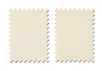 Two blank postage stamps with scalloped edges isolated on white background