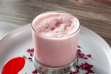 A view of a rose milk drink.