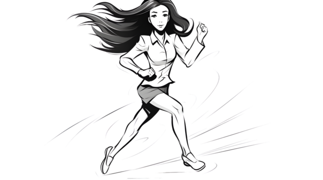 Professional Line Art Drawing of Energetic Office Girl Running in a Corporate Setting
