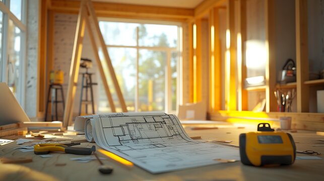 A partially framed room addition project with a detailed blueprint resting on a sawhorse, surrounded by tools like a hammer, level, and screwdriver, capturing the practicality and creativity  