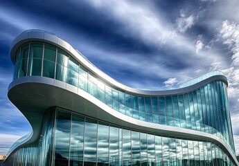 Modern, curved glass building against dramatic sky.  Reflecting clouds on the windows
