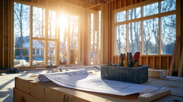 A room addition under construction with visible wooden framing, a blueprint resting on a toolbox, and various construction tools neatly arranged, symbolizing progress and precision 