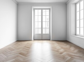 Fototapeta premium Empty Living Room Interior with Wooden Parquet Flooring, White Walls, and Balcony Door – Minimalist Space with Natural Light in Modern Apartment