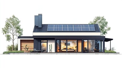 A section of a house illustrated with rooftop solar panels and solar-powered gadgets, highlighting sustainable living practices, all depicted on a crisp white background for clarity and focus 