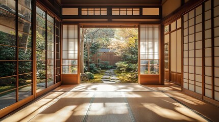 Obraz premium A simple, elegant Japanese one-story house with shoji-style sliding doors, a compact veranda, and a tranquil Zen garden, embodying a minimalist and harmonious lifestyle 