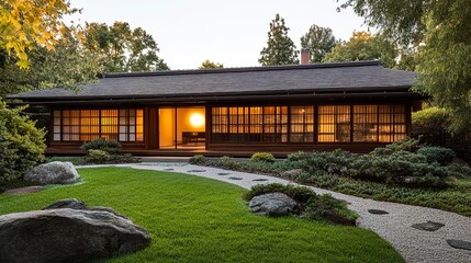 A simple Japanese detached home featuring a single-story design with a low-sloped roof, shoji-style windows, and a peaceful rock garden accentuating its traditional charm 