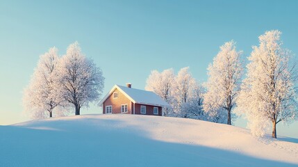 Obraz premium A small house sitting peacefully atop a snowy hill, encircled by frosty trees and illuminated by a clear blue sky, conveying a sense of quiet isolation and natural beauty 