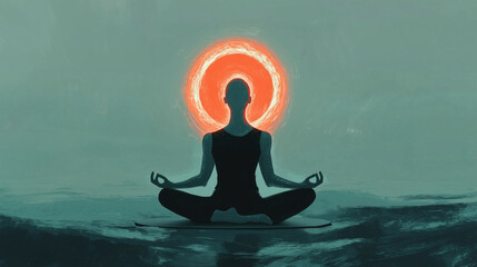 Meditation practice serene environment, featuring silhouette of person sitting cross legged with glowing halo. calm atmosphere promotes relaxation