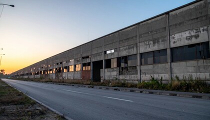 Fototapeta premium Abandoned Industrial Building at Dusk with Overgrown Surroundings