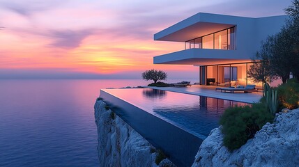 Modern Villa With Infinity Pool Overlooking Ocean At Sunset High Resolution Photo