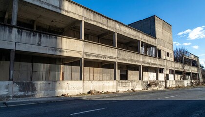 Abandoned Concrete Structure with Weathered Facade under Blue Sky