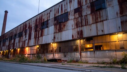 Obraz premium Abandoned Industrial Building with Rusty Exterior at Dusk