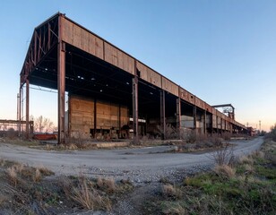 Fototapeta premium Abandoned Warehouse with Rusted Metal Structure and Sunset Sky