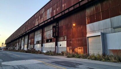 Obraz premium Abandoned Rusty Warehouse Building with Weathered Facade and Overgrown Plants