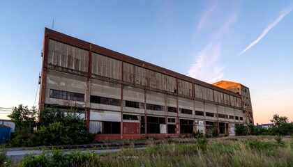 Obraz premium Abandoned Industrial Warehouse at Sunset with Overgrown Grass