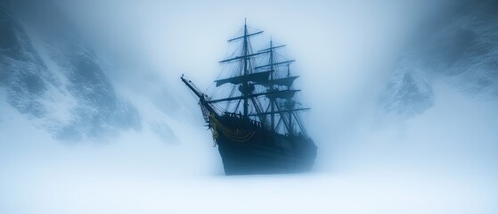 Fog embraces a tall ship amidst rocky cliffs, swallowed by ethereal mist in muted blue tones