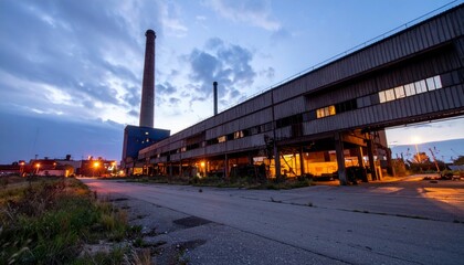 Fototapeta premium Abandoned Industrial Warehouse at Dusk with Smokestack in Background