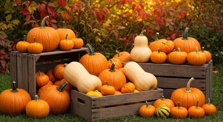 Bountiful Harvest Display of Orange Pumpkins and Gourds Surrounded by Nature in Autumn with Colorful Foliage in the Background