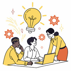 Creative Team Collaboration Generating Ideas With Laptop And Light Bulb Icon