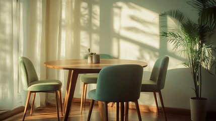 Fototapeta premium A stylish dining area with a round wooden table and mint-green chairs, set in a Scandinavian-inspired interior with neutral tones, natural textures, and soft lighting, emphasizing balance and comfort 