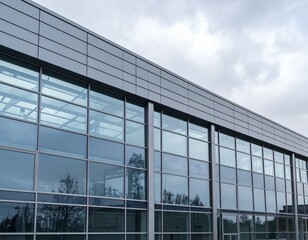 Obraz premium Modern Architectural Facade with Glass Panels and Cloudy Sky